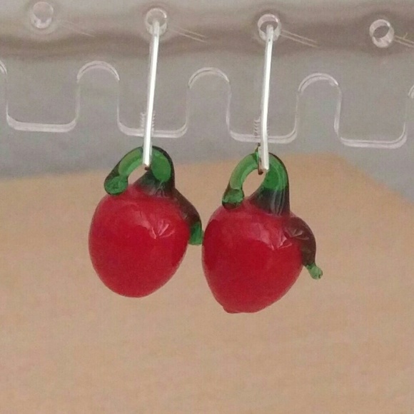 Glass Red Delicious Apple Bead Handmade Earrings - Picture 3 of 7